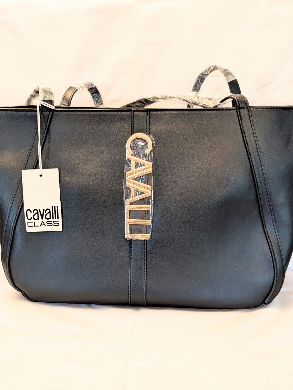 Large Cavalli Class Black Onyx Tote Satchel with Gold Logo Accent NWT